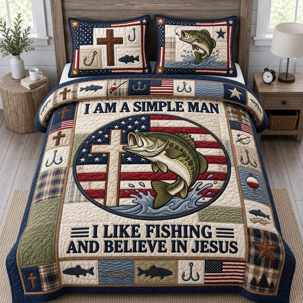Fishing And Jesus 3-Piece Quilted Bedding Set — quilt and two matching pillow shams