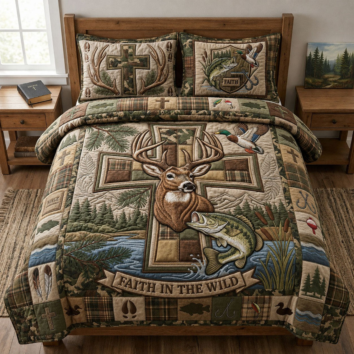 Faith In The Wild 3-Piece Quilted Bedding Set - Design 4 — quilt and two matching pillow shams