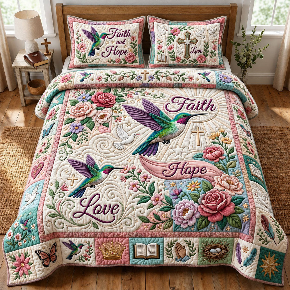 Faith Hope Love 3-Piece Quilted Bedding Set - Design 1 — quilt and two matching pillow shams
