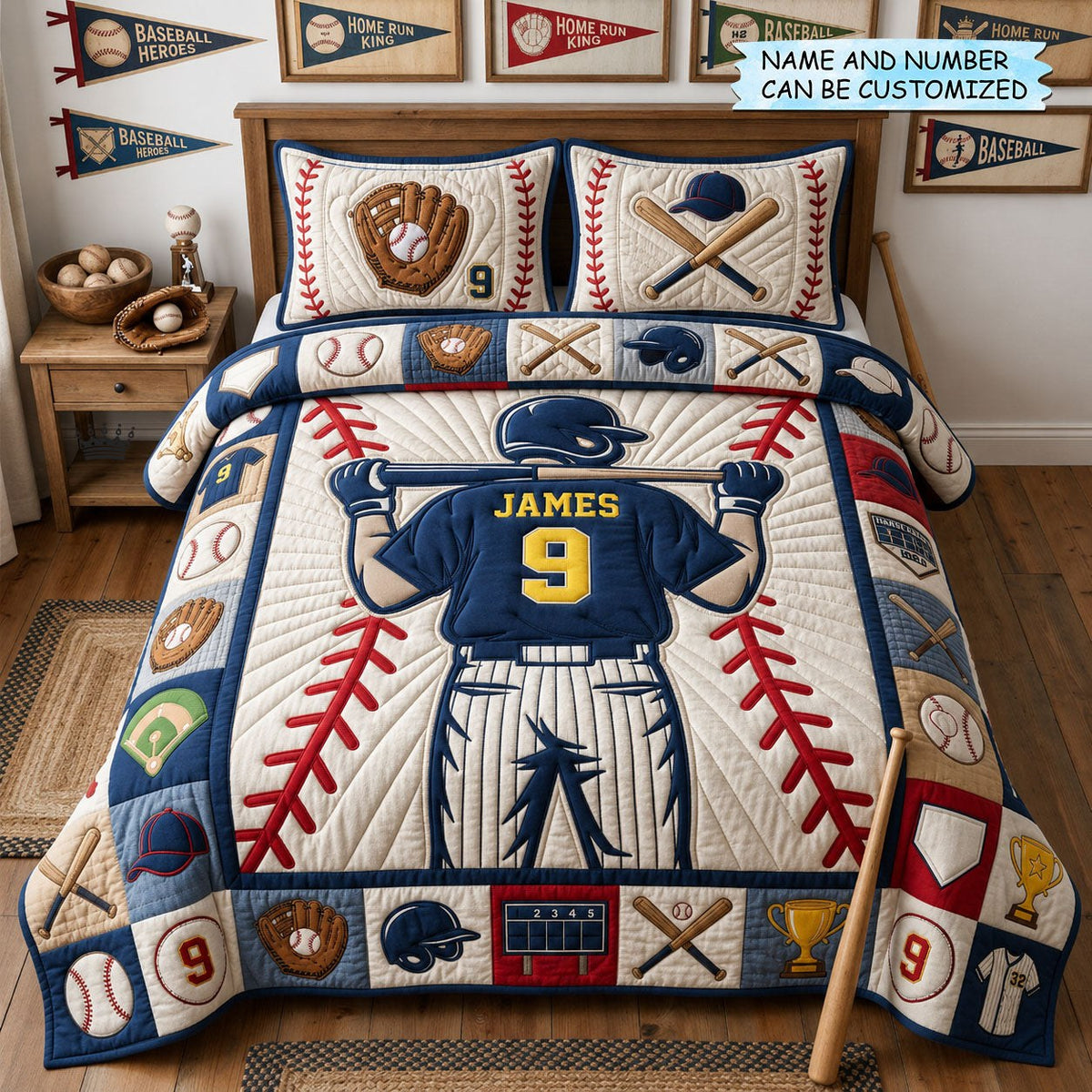 Basebal Player 3-Piece Quilted Bedding Set QTCUZ - Design 1 — quilt and two matching pillow shams