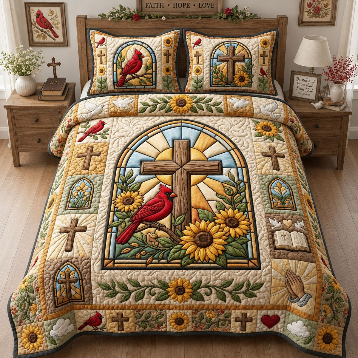 Cardinal Sunflower 3-Piece Quilted Bedding Set — quilt and two matching pillow shams