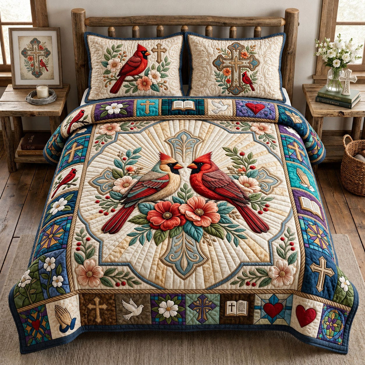 Cross Faith Cardinal 3-Piece Quilted Bedding Set - Design 2 — quilt and two matching pillow shams