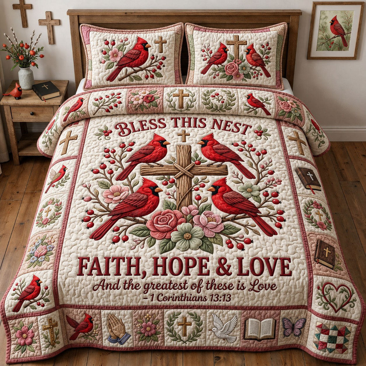 Faith Hope Love 3-Piece Quilted Bedding Set - Design 2 — quilt and two matching pillow shams