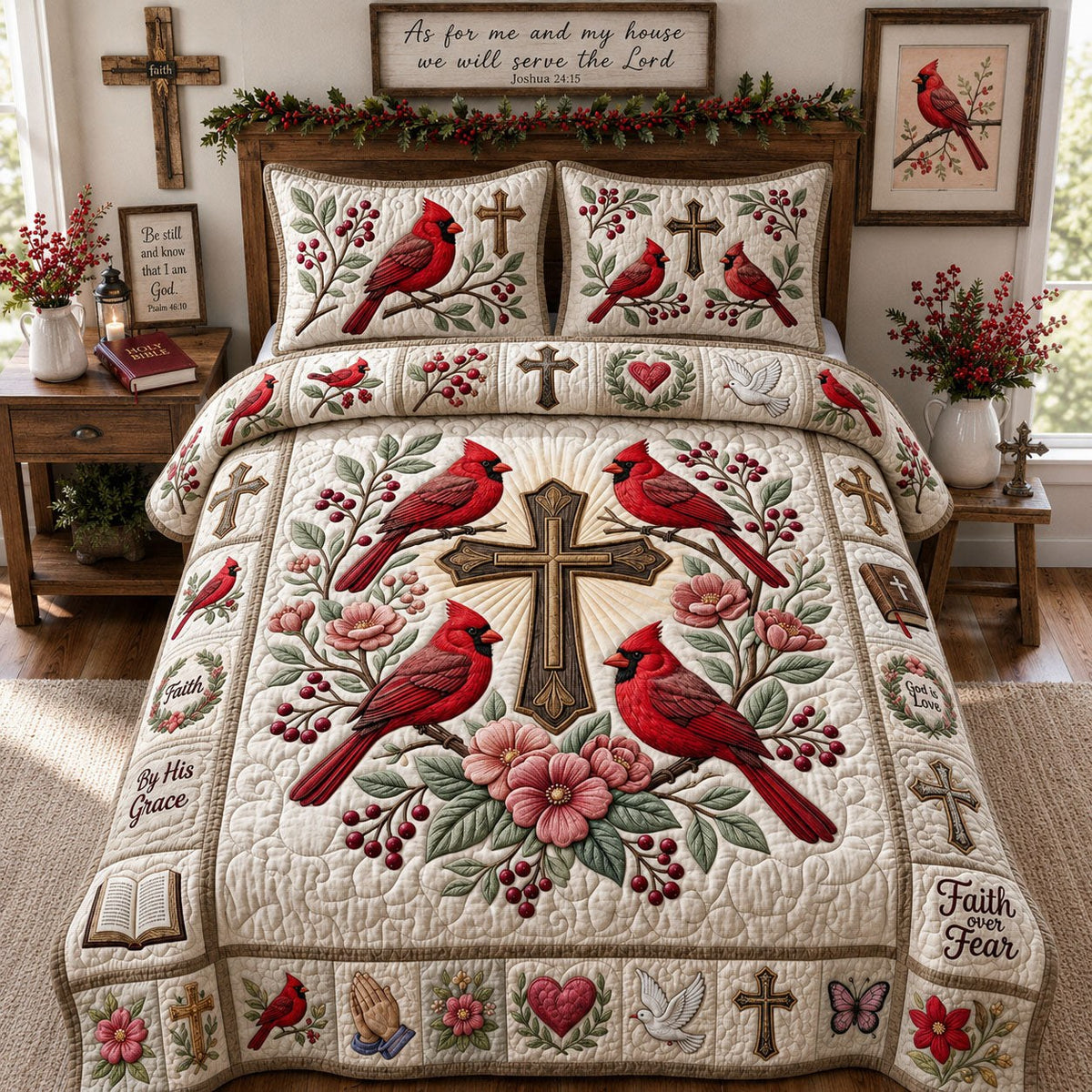 Cross Faith Cardinal 3-Piece Quilted Bedding Set - Design 3 — quilt and two matching pillow shams