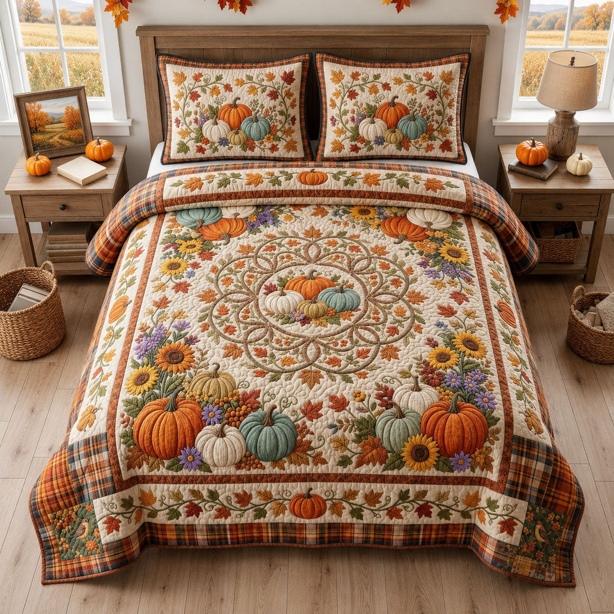 Autumn Pumpkin 3-Piece Quilted Bedding Set - Design 3 — quilt and two matching pillow shams