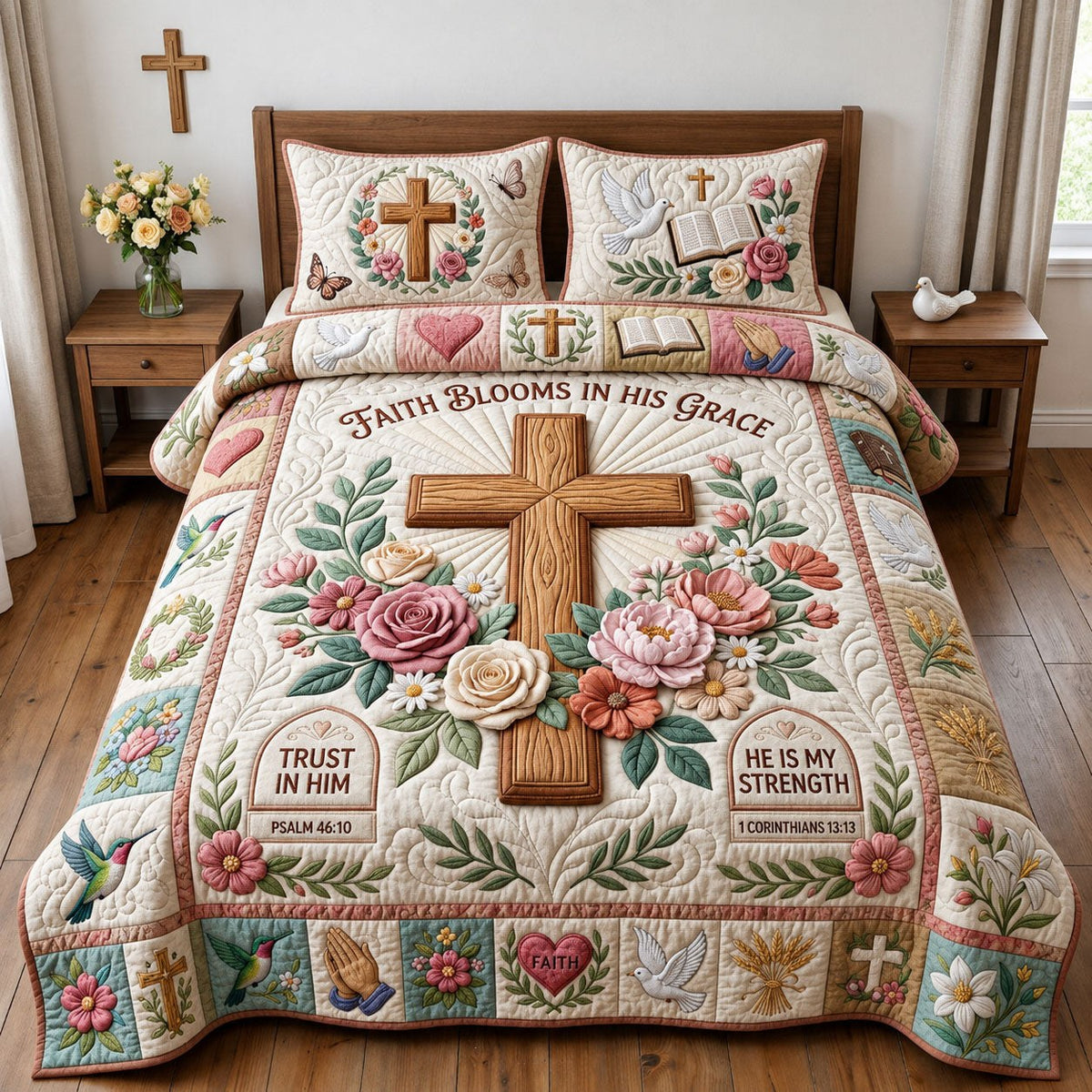 Faith Blooms In His Grace 3-Piece Quilted Bedding Set — quilt and two matching pillow shams