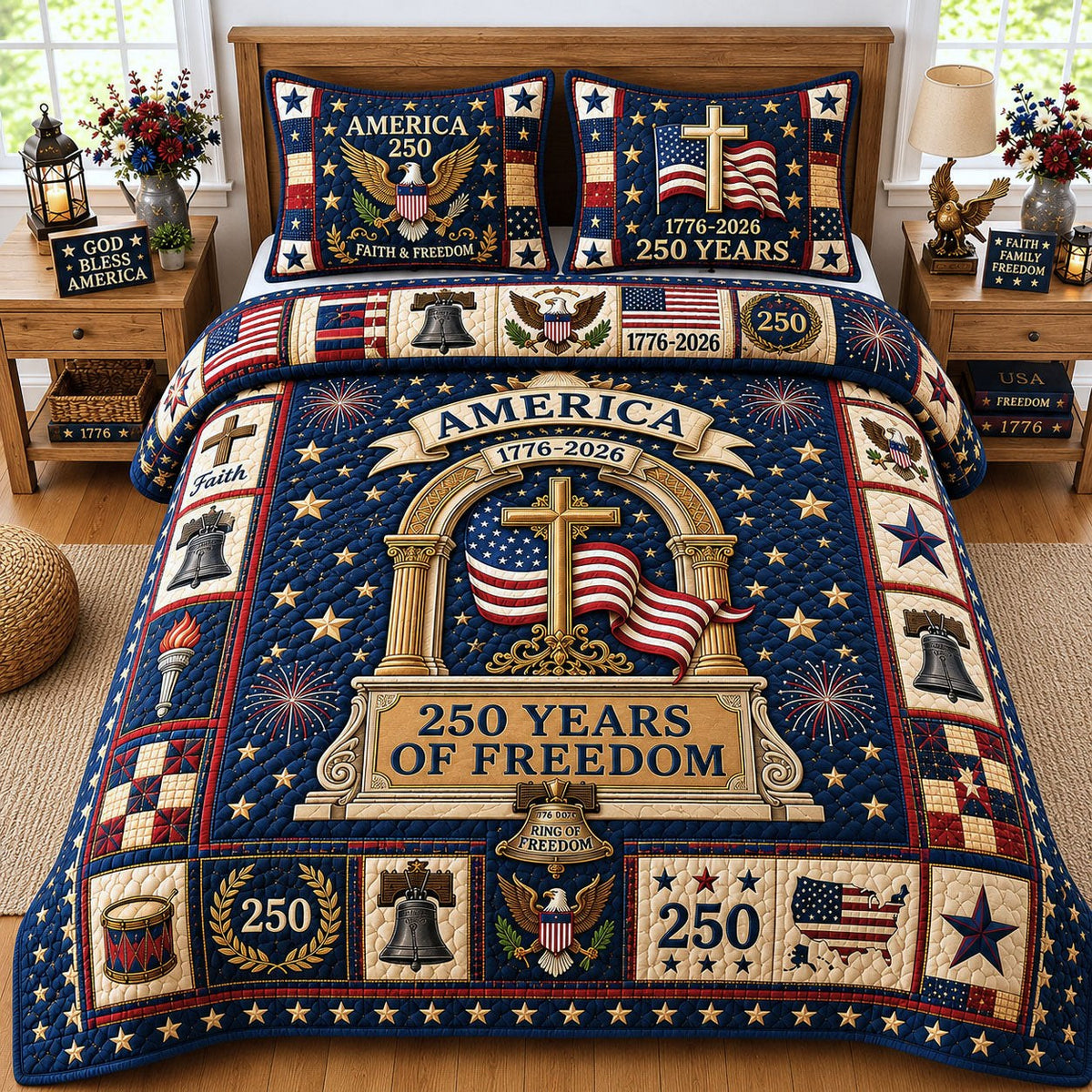 America 250th Birthday 3-Piece Quilted Bedding Set — quilt and two matching pillow shams