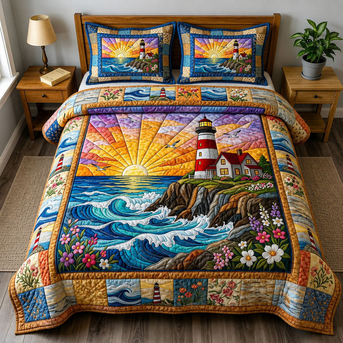 Coastal Lighthouse Sunset 3-Piece Quilted Bedding Set — quilt and two matching pillow shams