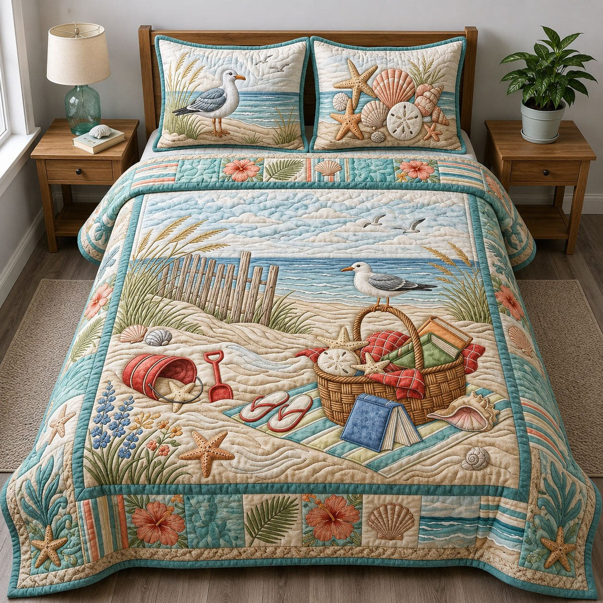 Coastal Summer Life 3-Piece Quilted Bedding Set - Design 1 — quilt and two matching pillow shams