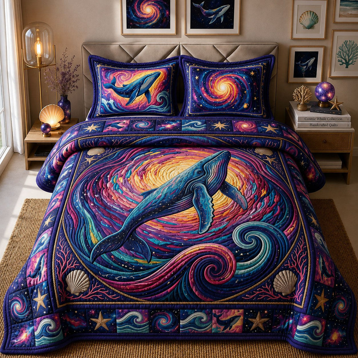 Colorful Whale 3-Piece Quilted Bedding Set — quilt and two matching pillow shams