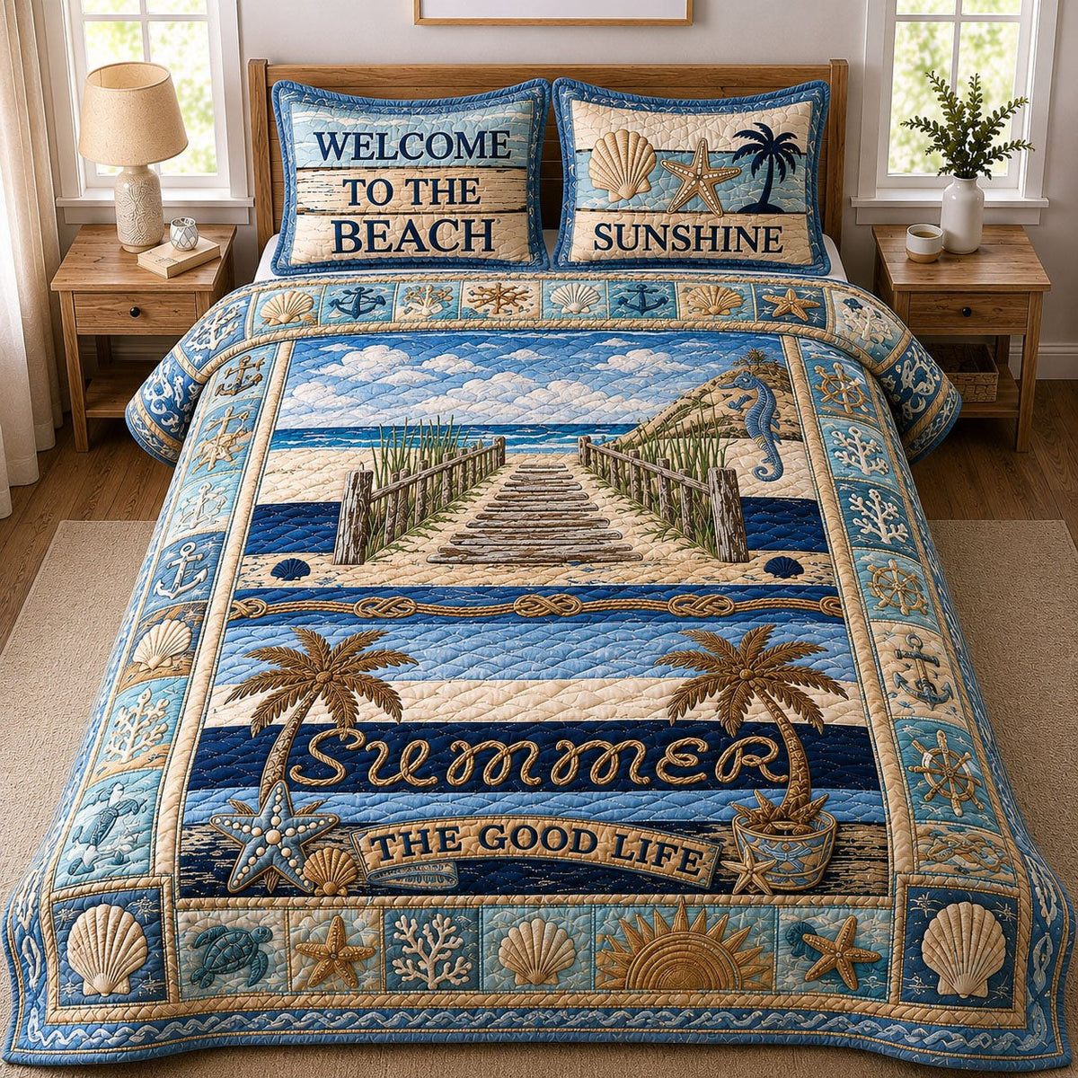 Beach Vacation 3-Piece Quilted Bedding Set - Design 3 — quilt and two matching pillow shams