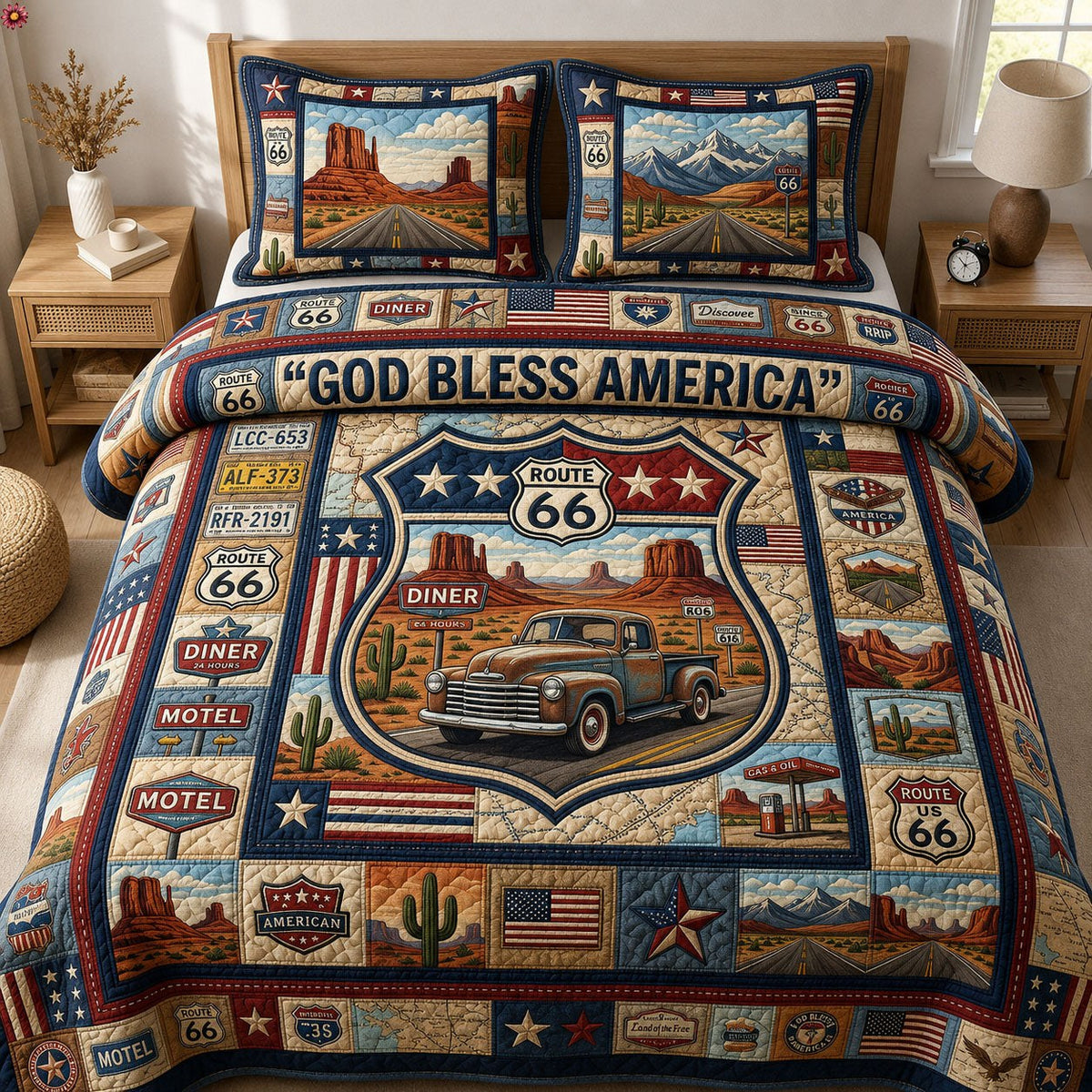 American Road Trip 3-Piece Quilted Bedding Set - Design 1 — quilt and two matching pillow shams