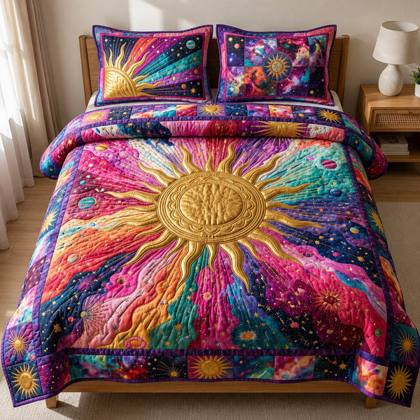 Colorful Sunshine quilted 3-piece bedding set on a made bed with two matching pillow shams