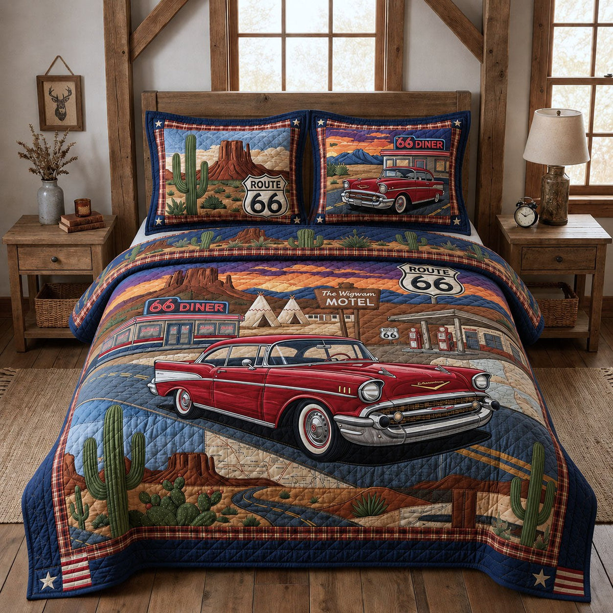 1957 Chevrolet Bel Air 3-Piece Quilted Bedding Set — quilt and two matching pillow shams