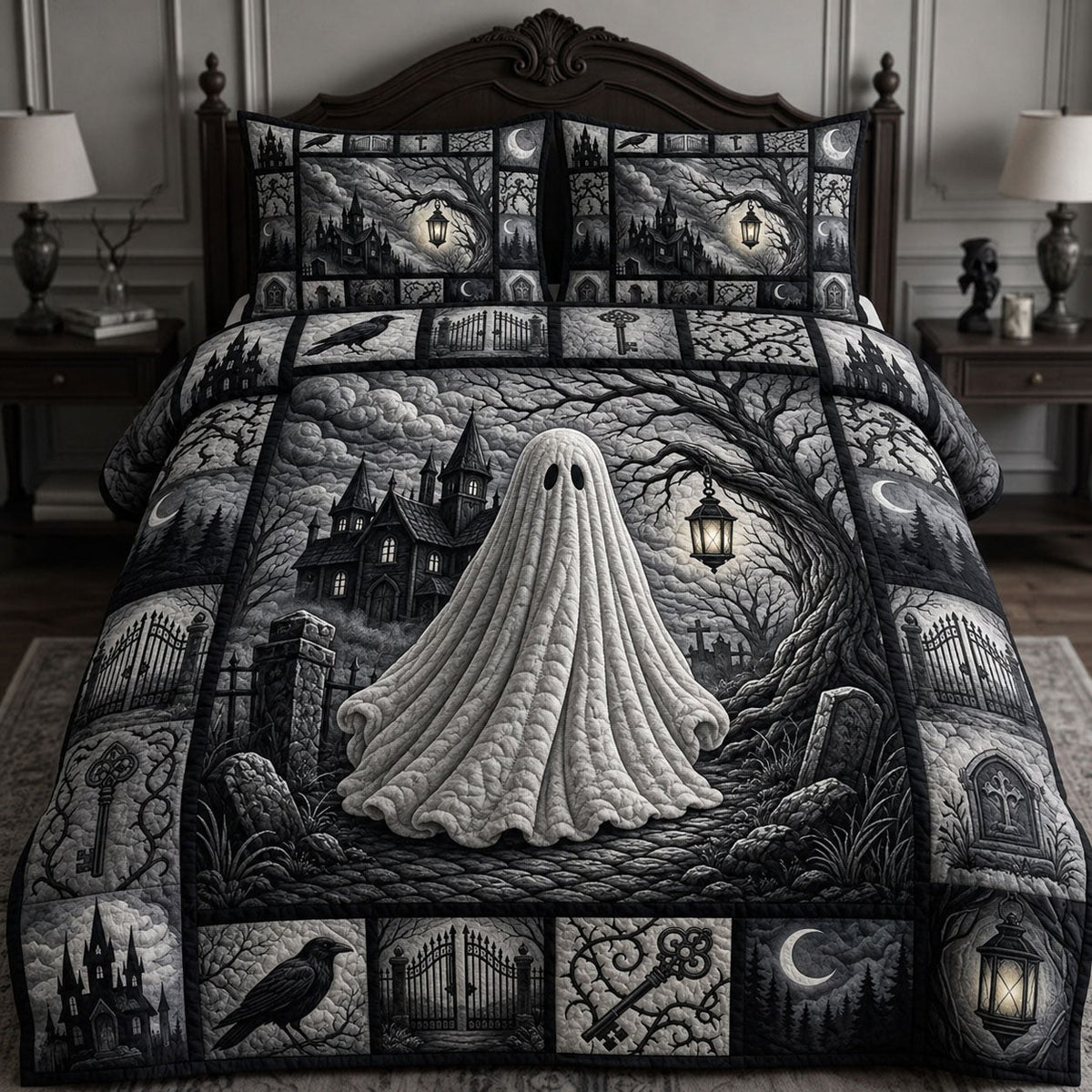 Creepy Ghost 3-Piece Quilted Bedding Set — quilt and two matching pillow shams