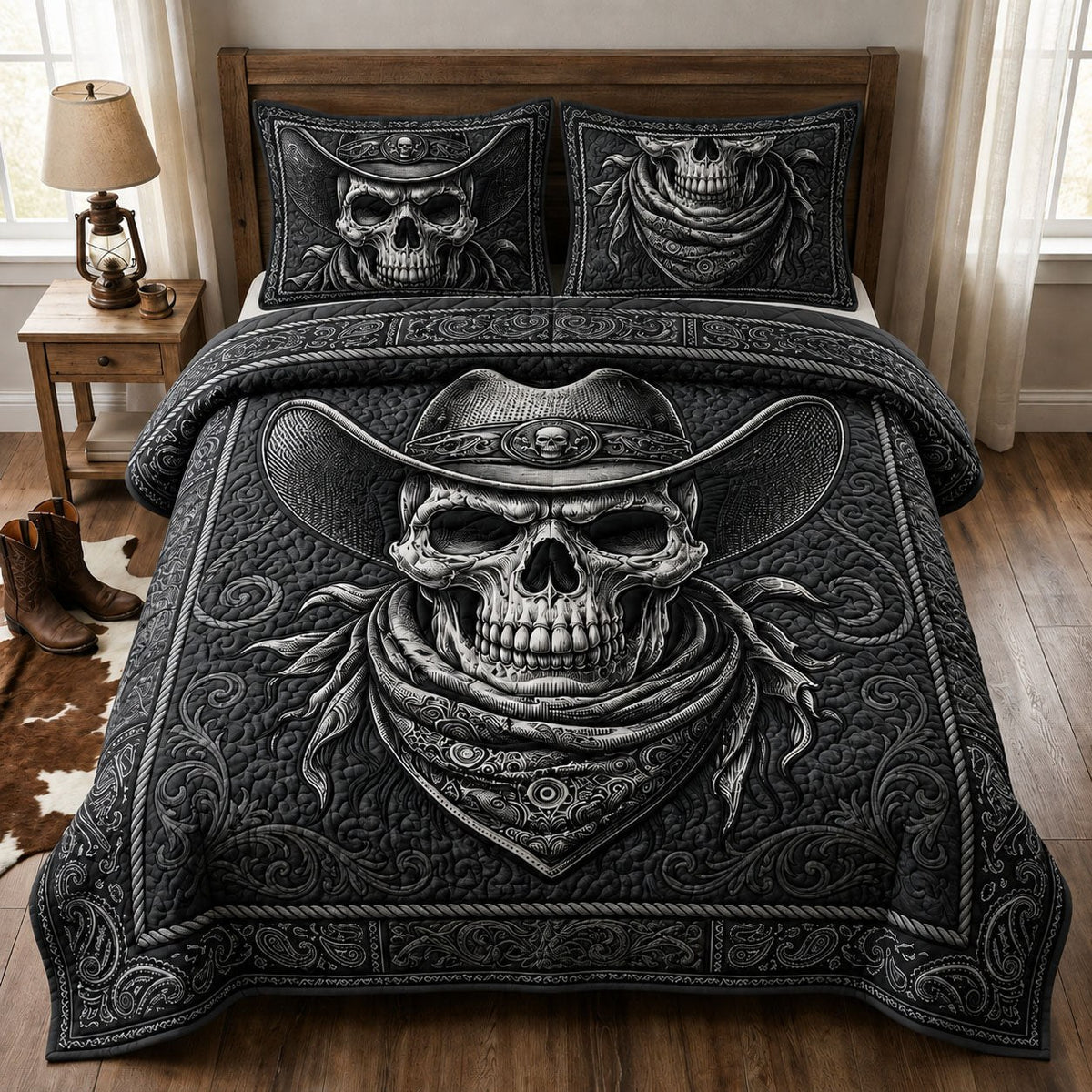 Cowboy Skull 3-Piece Quilted Bedding Set — quilt and two matching pillow shams