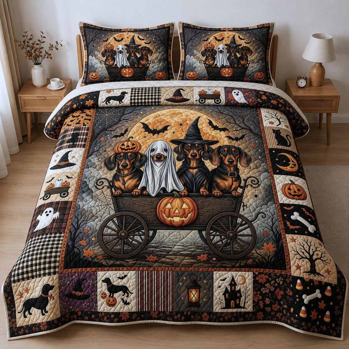 Dachshund Ghost Dog 3-Piece Quilted Bedding Set — quilt and two matching pillow shams