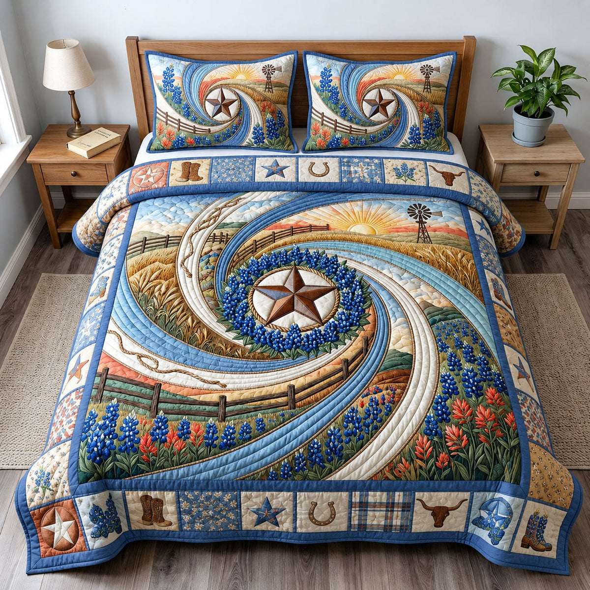 Bluebonnets 3-Piece Quilted Bedding Set — quilt and two matching pillow shams