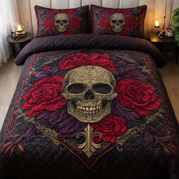 Dark Bloom quilted 3-piece bedding set on a made bed with two matching pillow shams