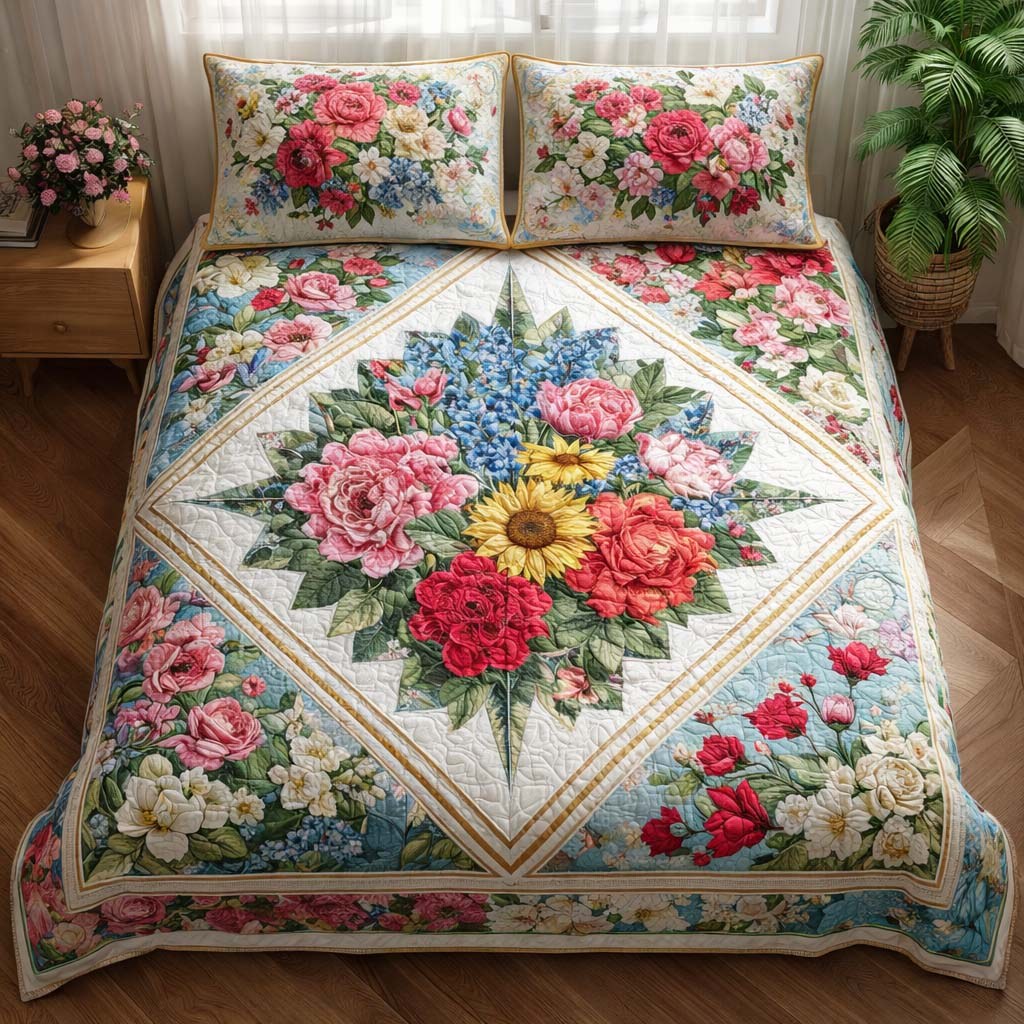 Floral Elegance 3-Piece Quilted Bedding Set - Design 1 — quilt and two matching pillow shams