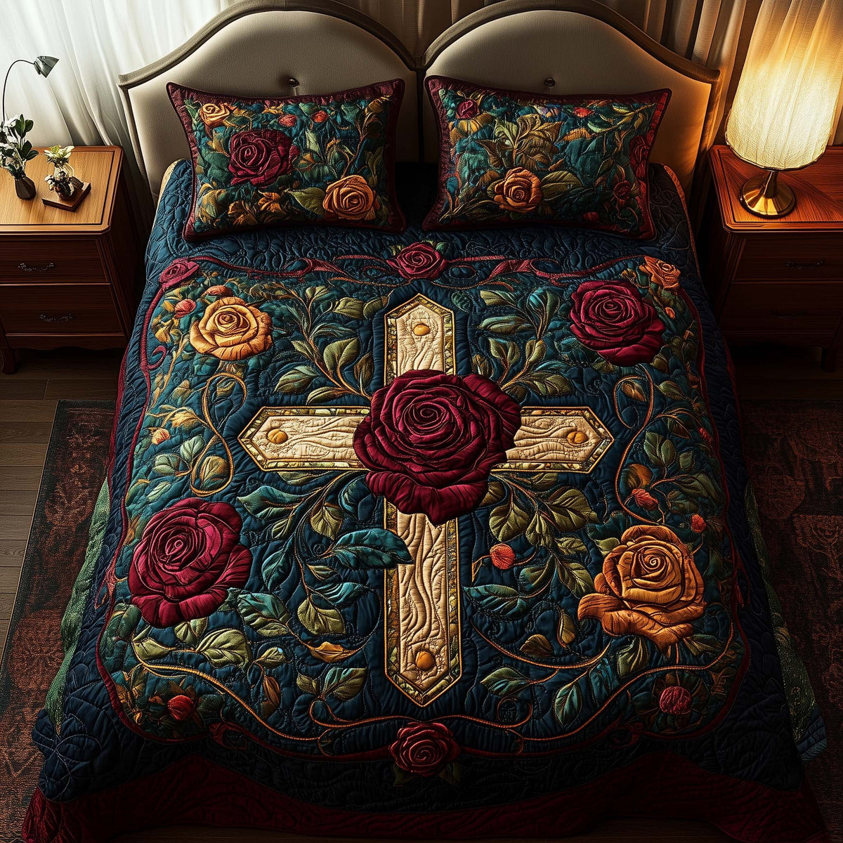 Cross Rose 3-Piece Quilted Bedding Set — quilt and two matching pillow shams