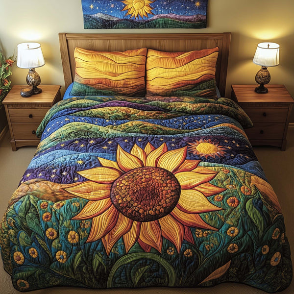 Cosmic Sunflower quilted 3-piece bedding set on a made bed with two matching pillow shams