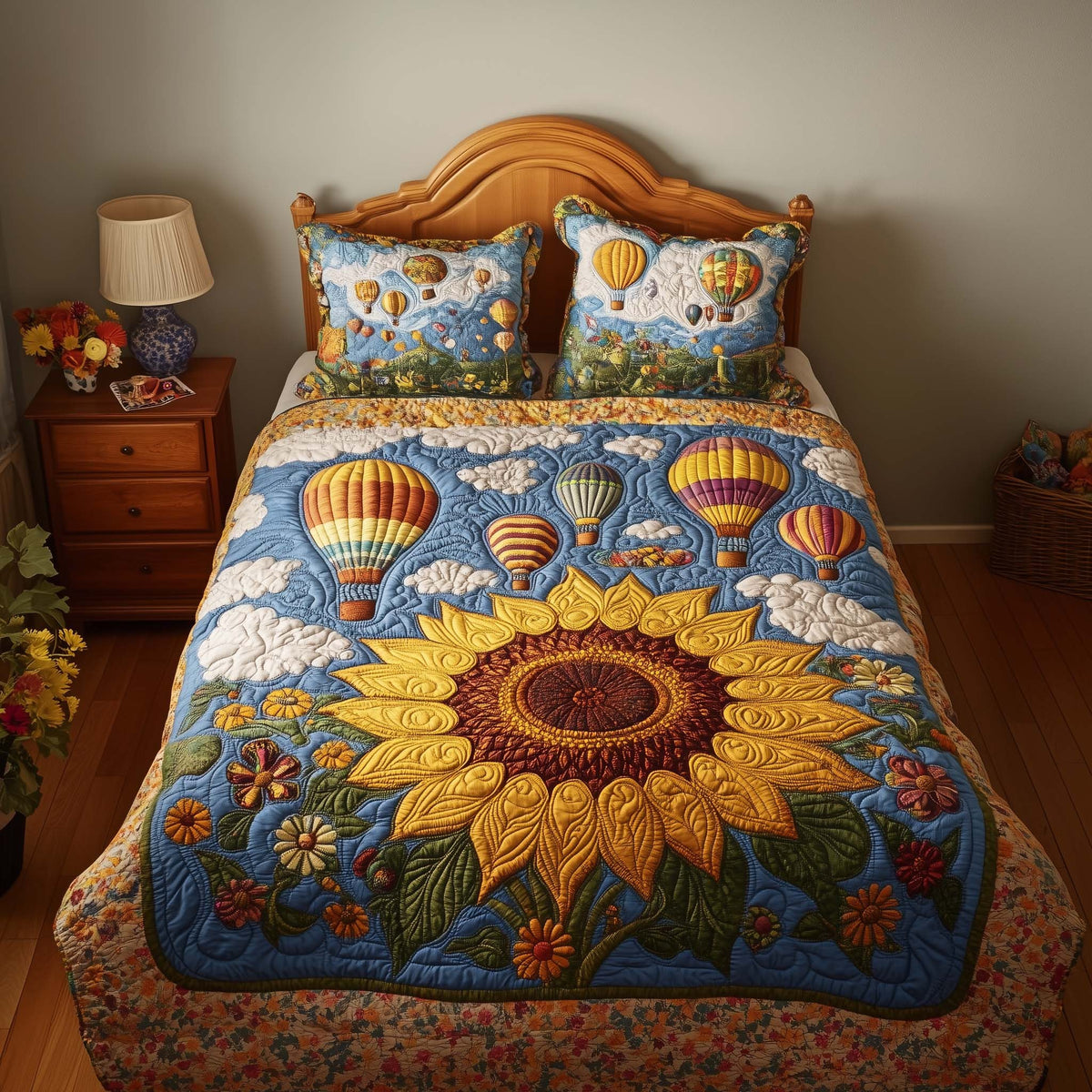 Balloon Sunflower 3-Piece Quilted Bedding Set — quilt and two matching pillow shams