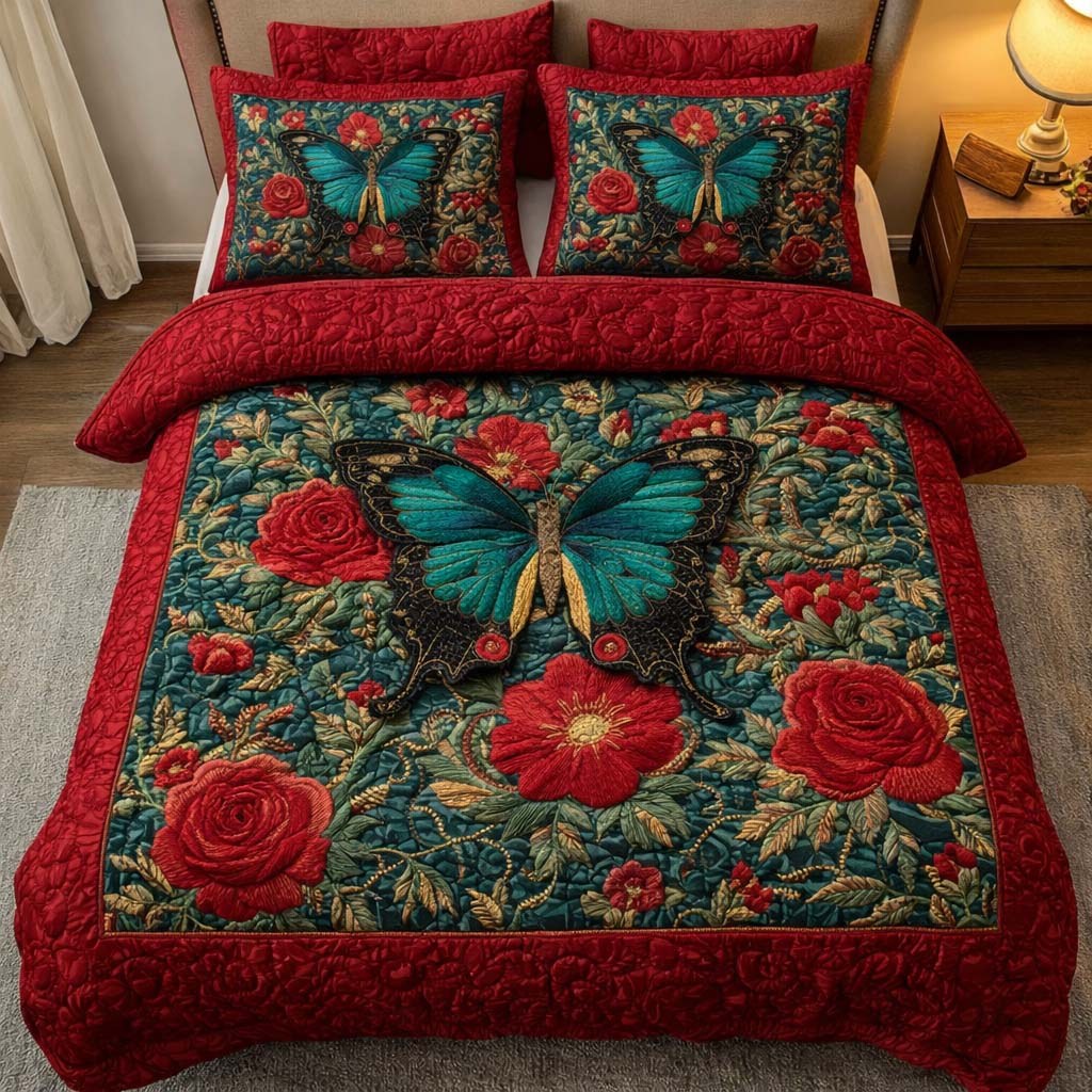 Crimson Garden 3-Piece Quilted Bedding Set - Design 1 — quilt and two matching pillow shams