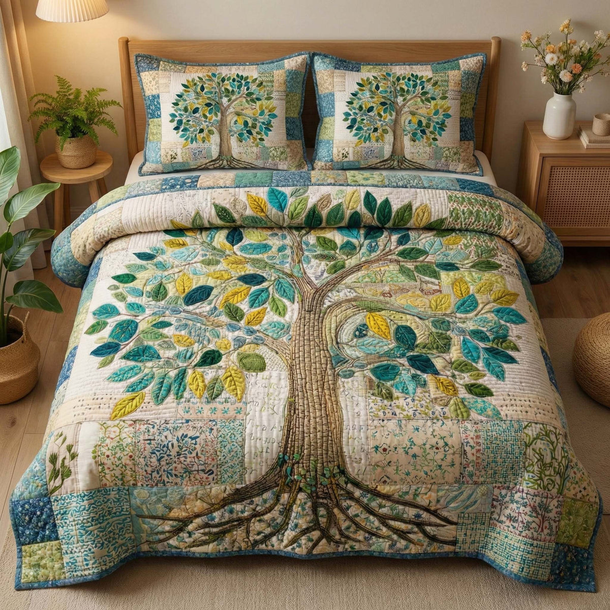 Botanical Tree 3-Piece Quilted Bedding Set — quilt and two matching pillow shams