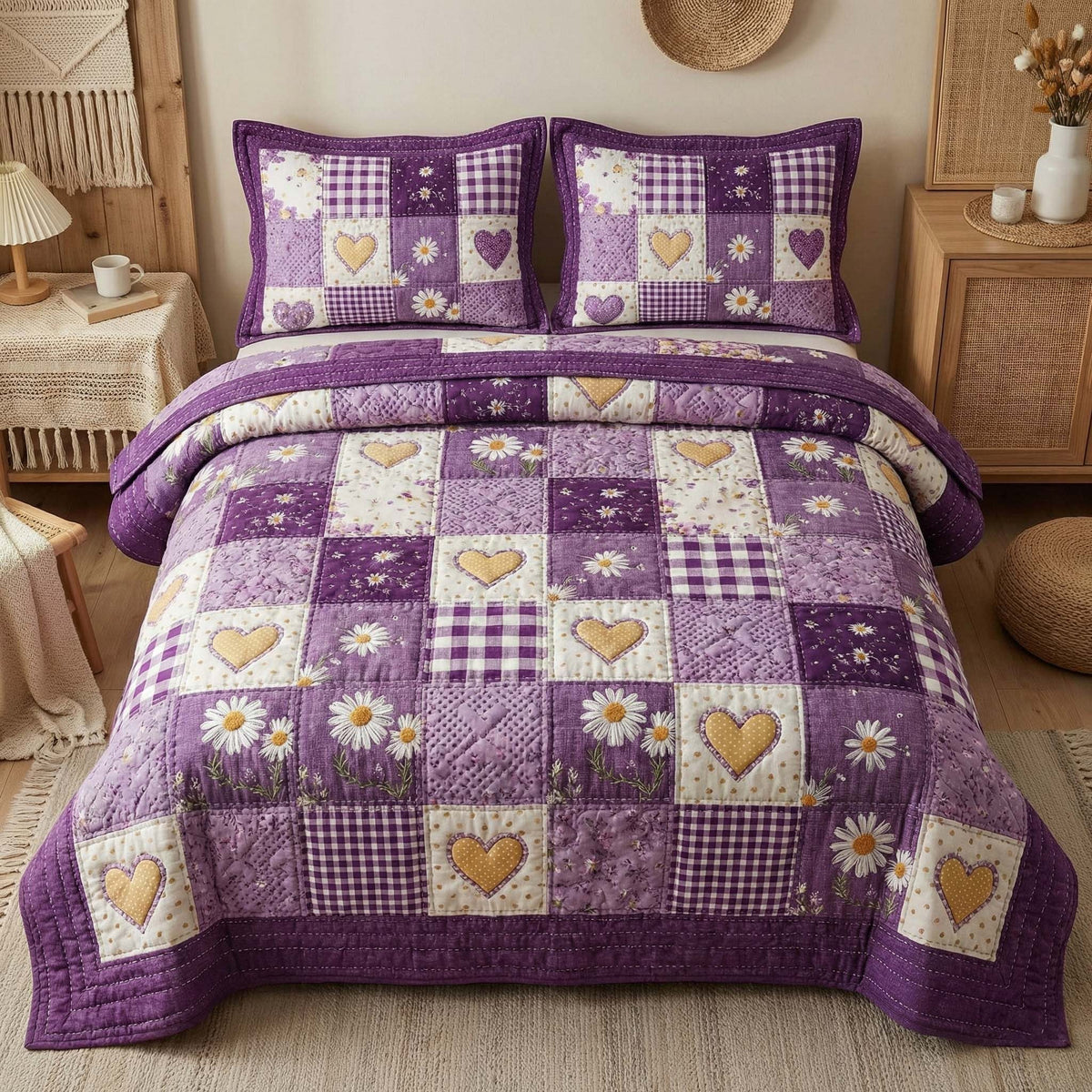 Daisy Hearts 3-Piece Quilted Bedding Set — quilt and two matching pillow shams