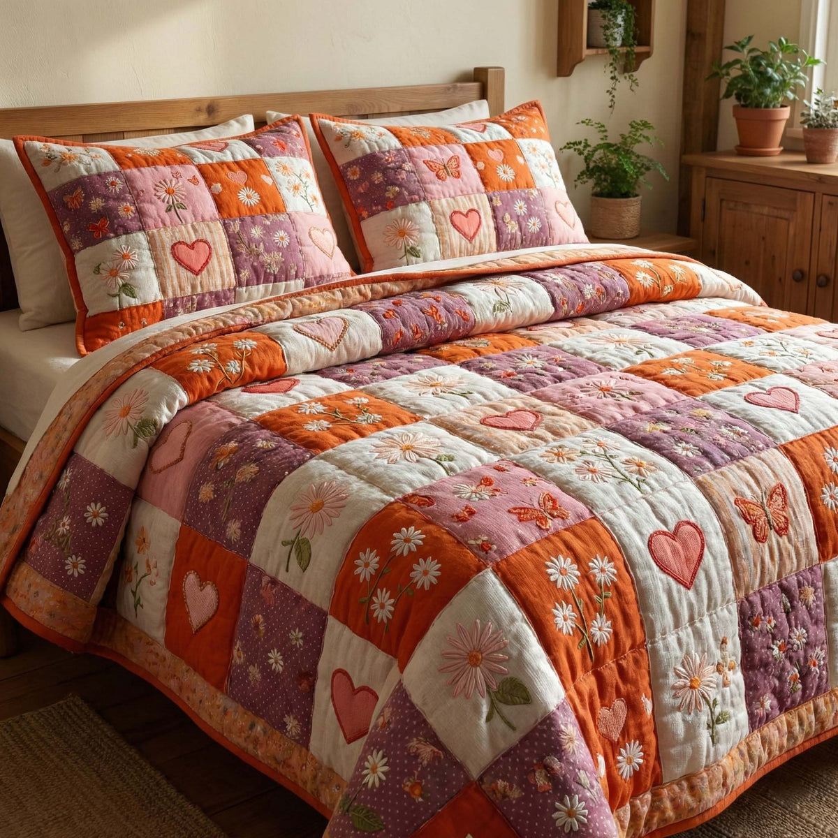 Coral Meadow 3-Piece Quilted Bedding Set - Design 1 — quilt and two matching pillow shams