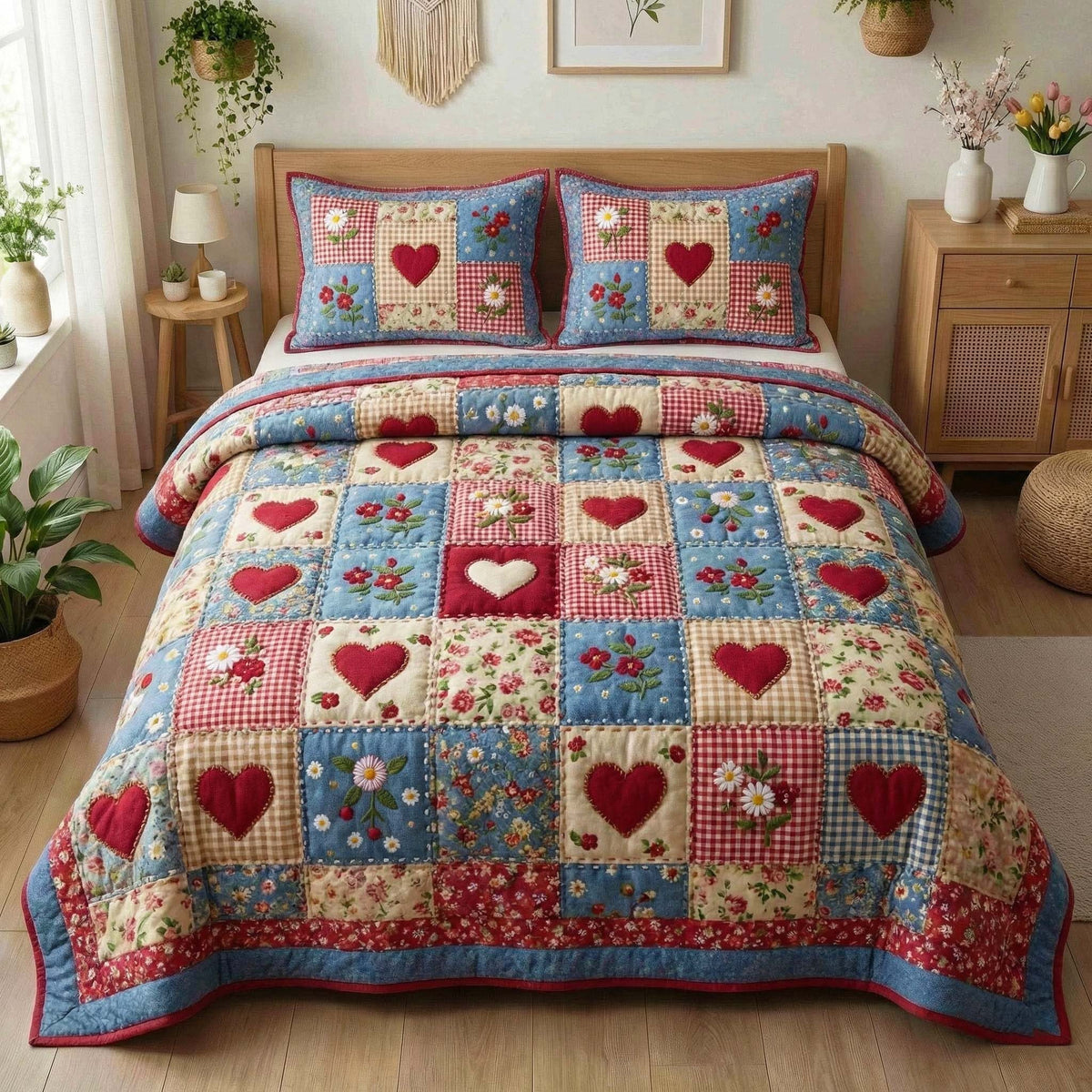 Country Hearts 3-Piece Quilted Bedding Set — quilt and two matching pillow shams