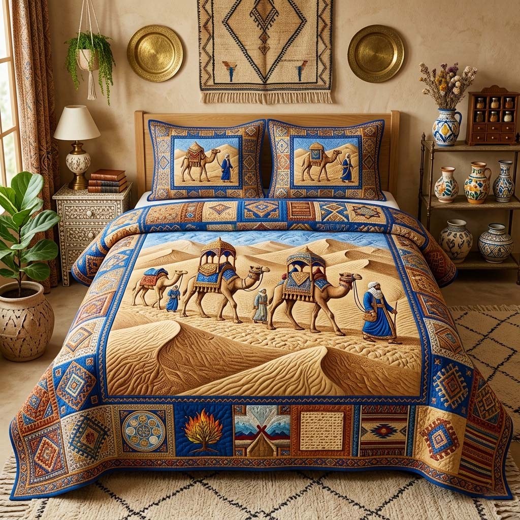 Camel Caravan 3-Piece Quilted Bedding Set — quilt and two matching pillow shams