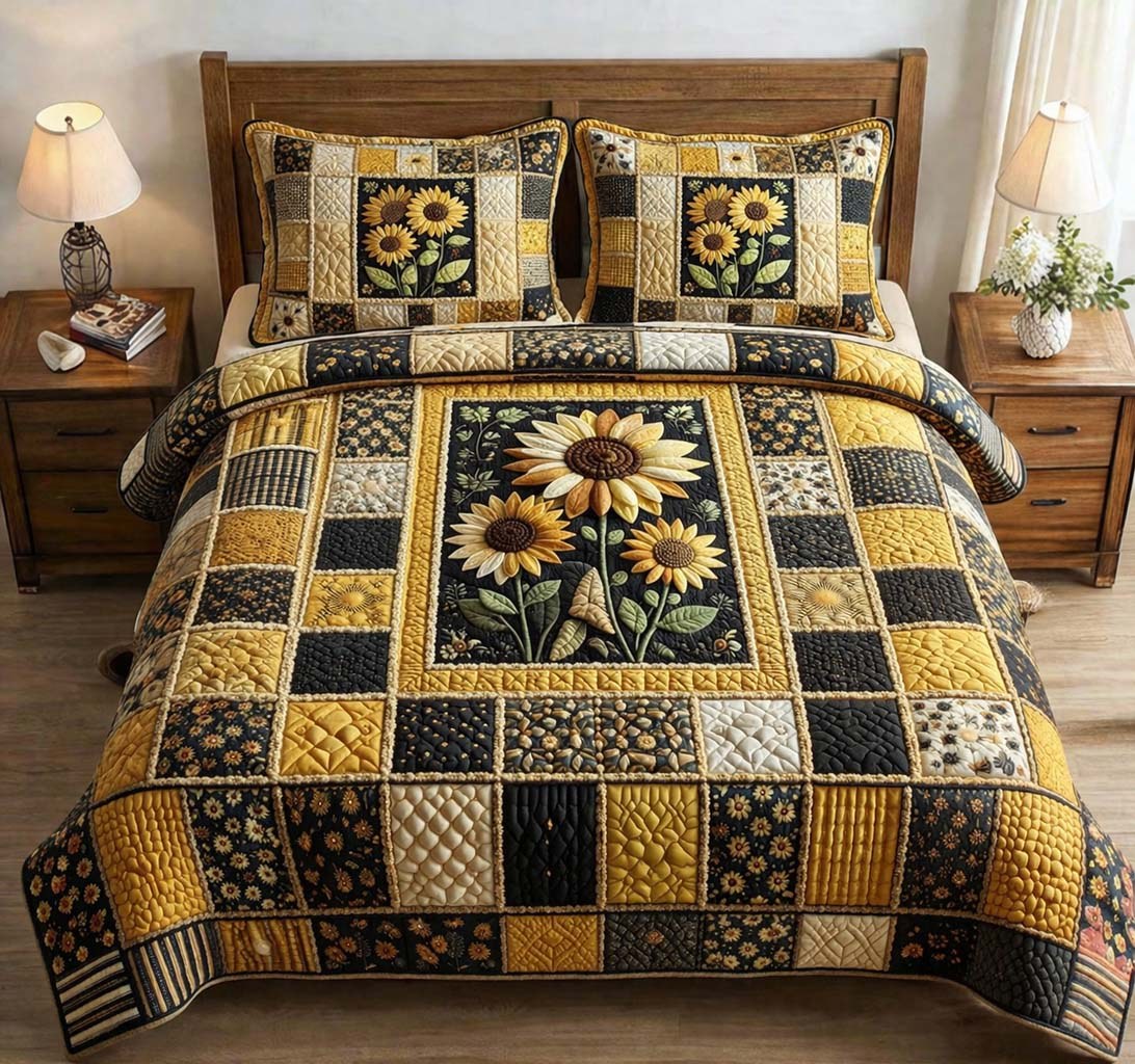 Amber Bloom 3-Piece Quilted Bedding Set - Design 2 — quilt and two matching pillow shams