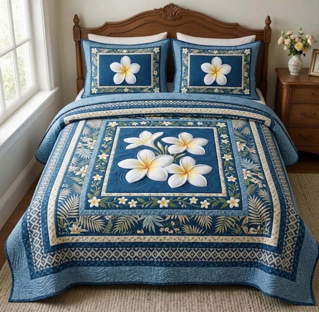 Blooming Plumeria 3-Piece Quilted Bedding Set — quilt and two matching pillow shams