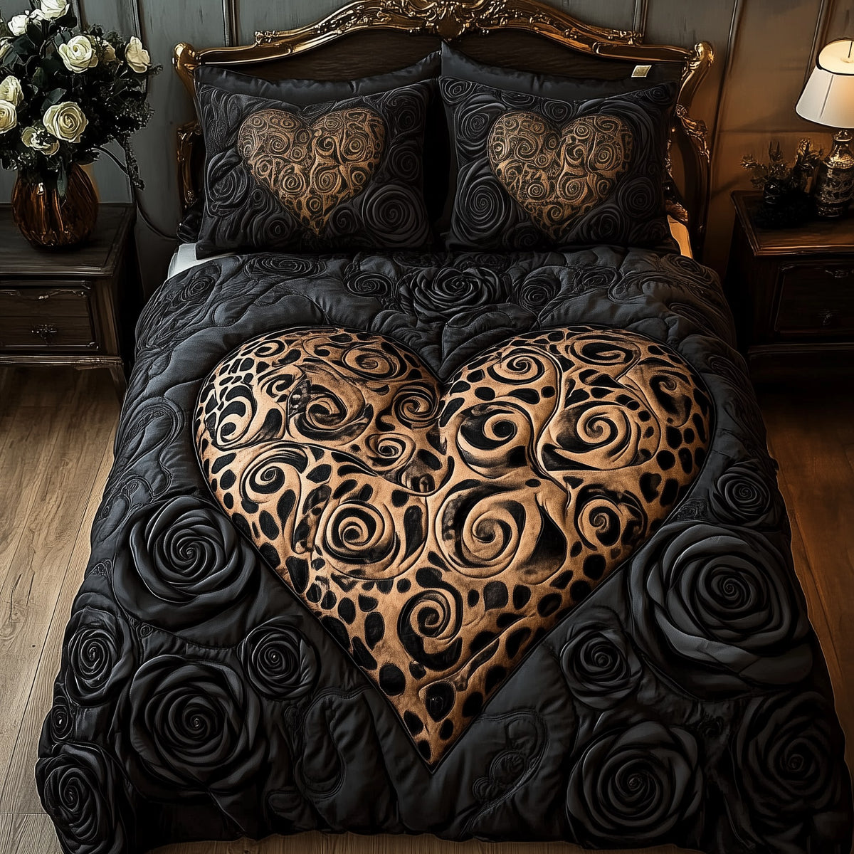 Black Leopard Rose 3-Piece Quilted Bedding Set - Design 2 — quilt and two matching pillow shams