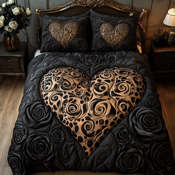 Black Leopard Rose quilted 3-piece bedding set on a made bed with two matching pillow shams