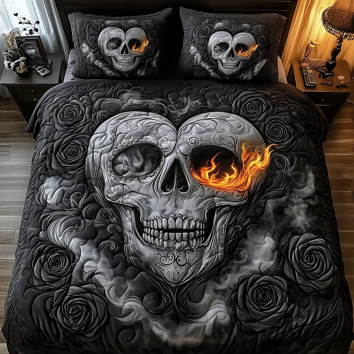 Black Skull Couple 3-Piece Quilted Bedding Set - Design 1 — quilt and two matching pillow shams