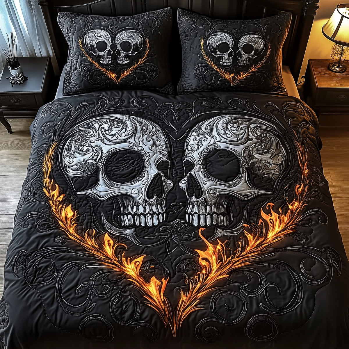 Black Skull Couple 3-Piece Quilted Bedding Set - Design 3 — quilt and two matching pillow shams