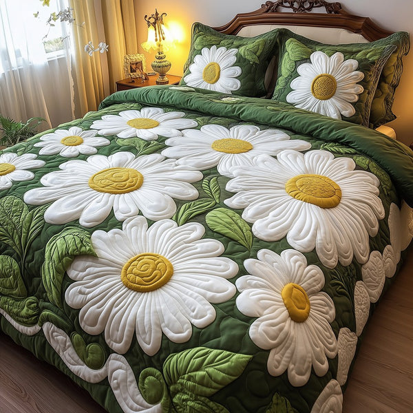 Daisy Garden quilted 3-piece bedding set on a made bed with two matching pillow shams