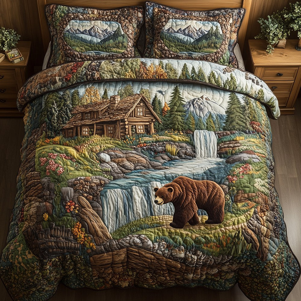 Bear and Cabin 3-Piece Quilted Bedding Set - Design 7 — quilt and two matching pillow shams