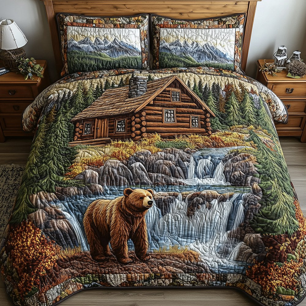 Bear and Cabin 3-Piece Quilted Bedding Set - Design 8 — quilt and two matching pillow shams