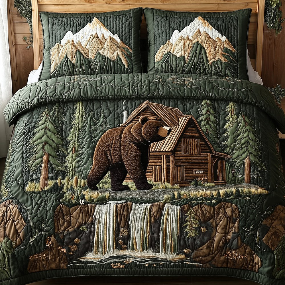Bear and Cabin 3-Piece Quilted Bedding Set - Design 12 — quilt and two matching pillow shams