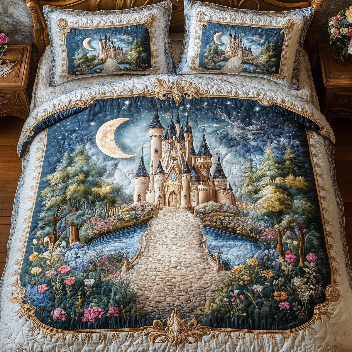 Fairytale Castle 3-Piece Quilted Bedding Set - Design 5 — quilt and two matching pillow shams