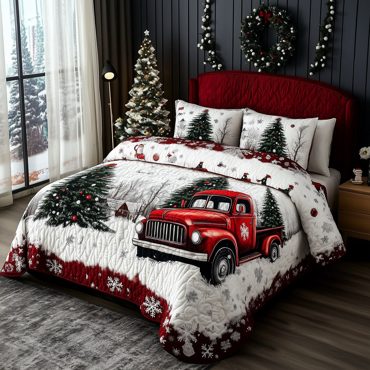 Christmas Truck 3-Piece Quilted Bedding Set - Design 3 — quilt and two matching pillow shams