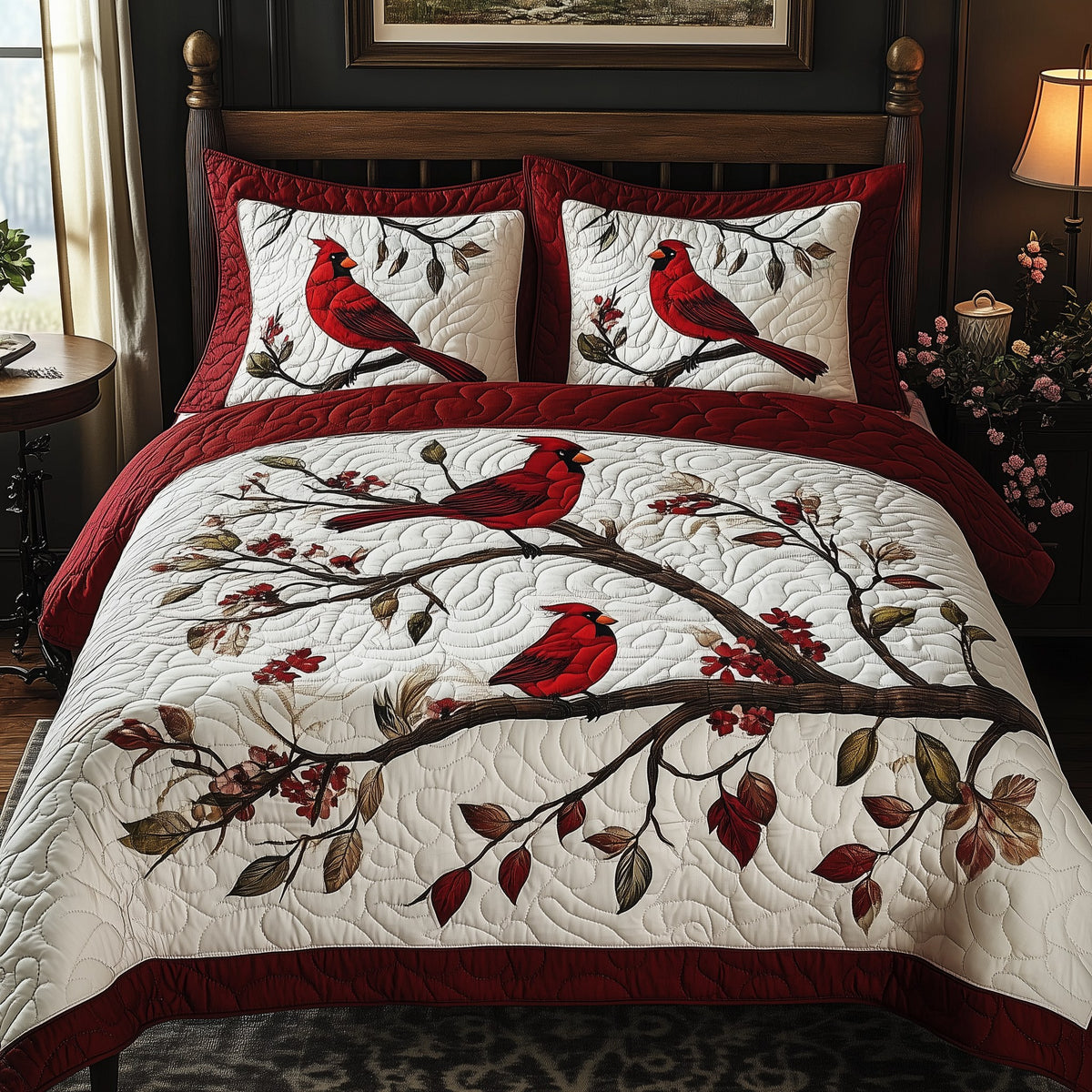 Christmas Cardinal 3-Piece Quilted Bedding Set - Design 1 — quilt and two matching pillow shams