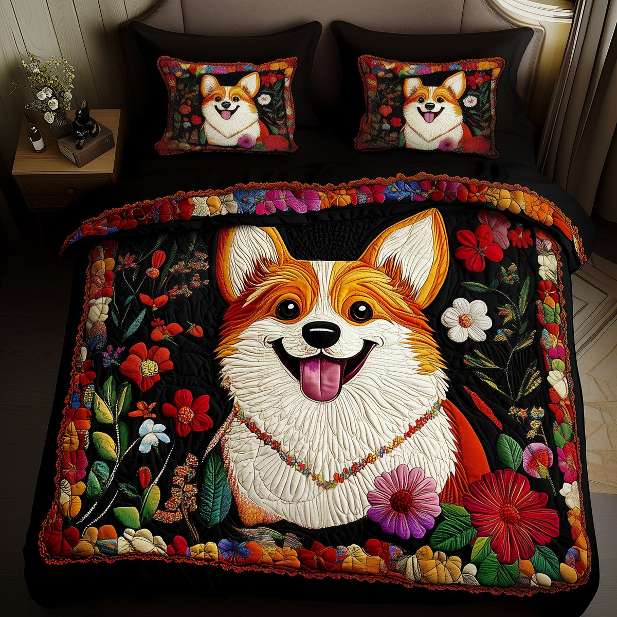 Corgi 3-Piece Quilted Bedding Set - Design 2 — quilt and two matching pillow shams