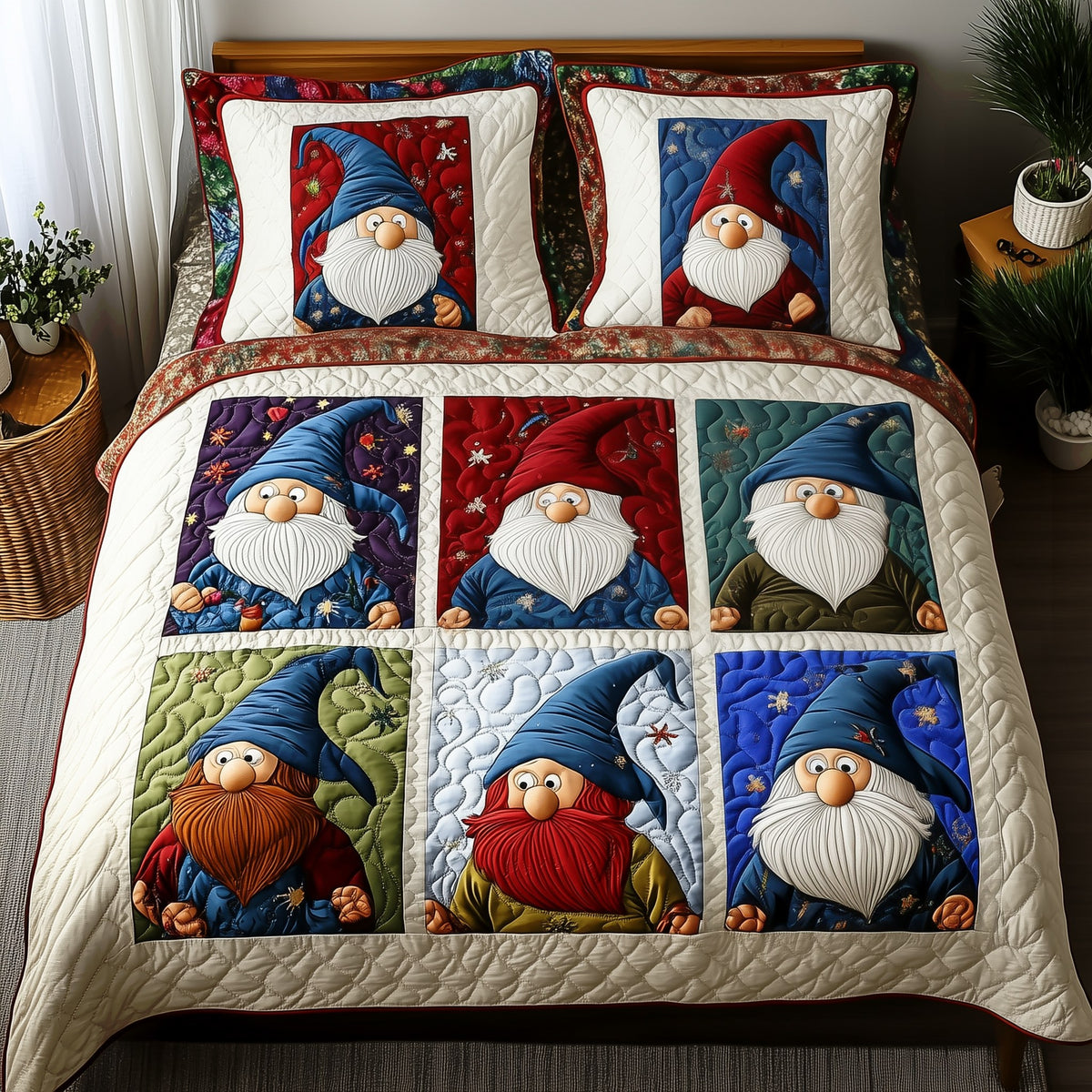 Christmas Gnome 3-Piece Quilted Bedding Set - Design 1 — quilt and two matching pillow shams