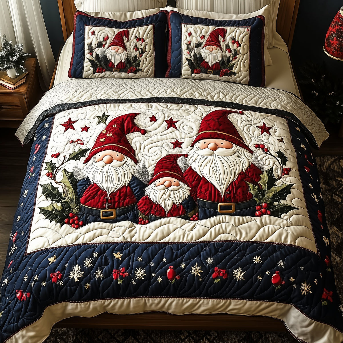 Christmas Gnome 3-Piece Quilted Bedding Set - Design 3 — quilt and two matching pillow shams