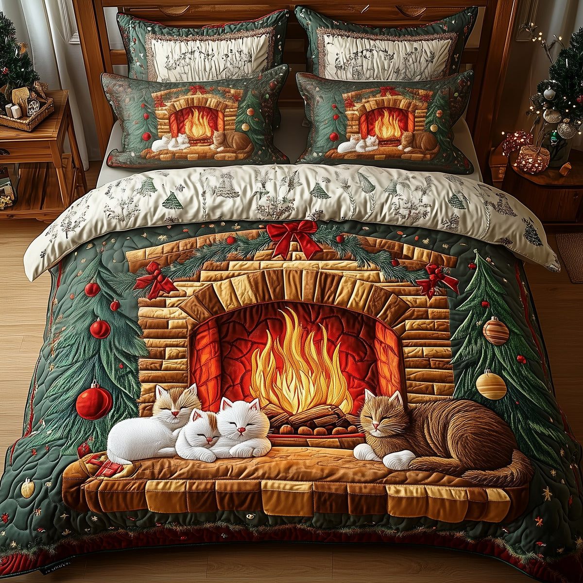 Cats by Fireplace 3-Piece Quilted Bedding Set - Design 1 — quilt and two matching pillow shams